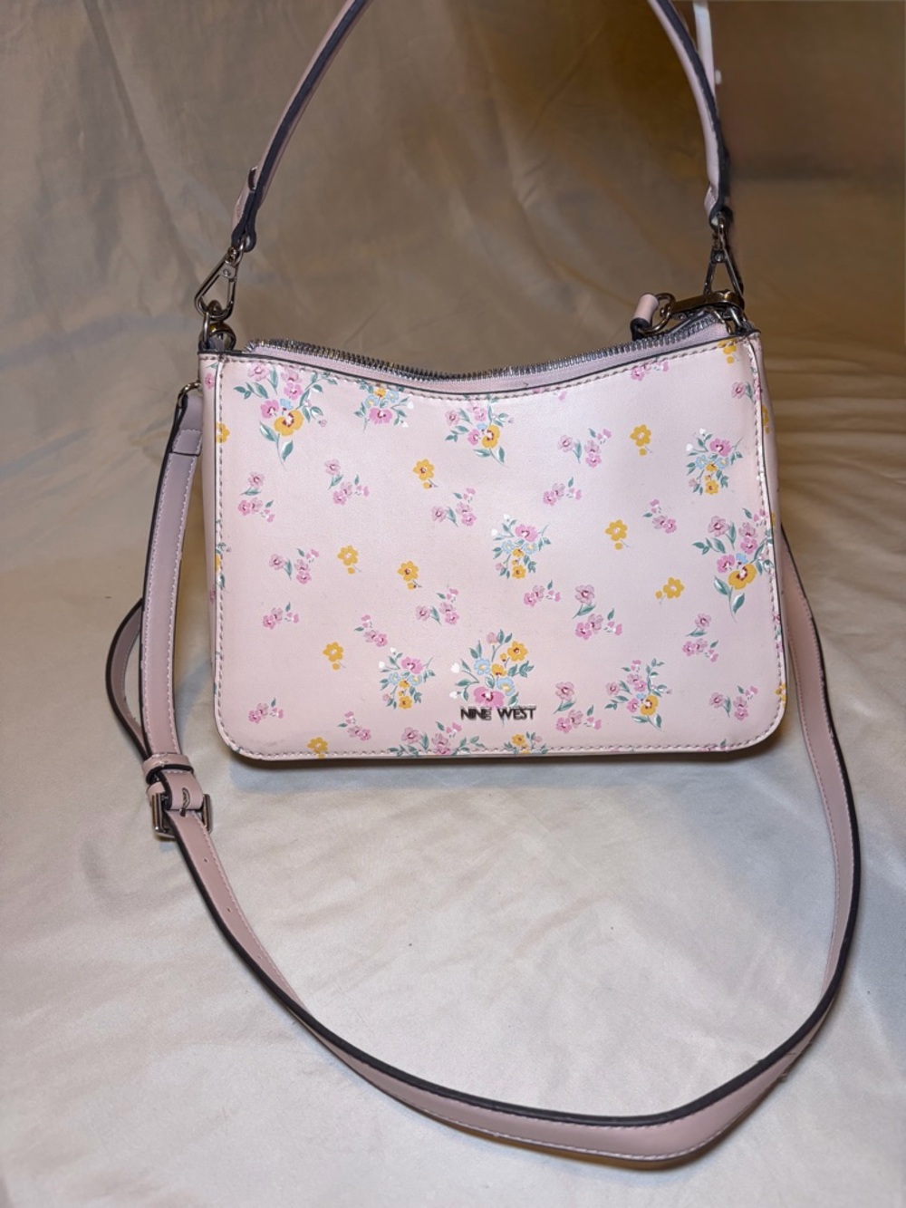 Nine West Pale Pink Floral Crossbody Bag with Yellow Accents